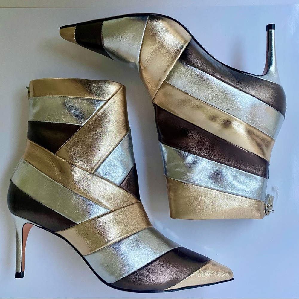 NEW Schutz Designer Metallic Leather Ankle Boots Gold Silver Booties Brazil